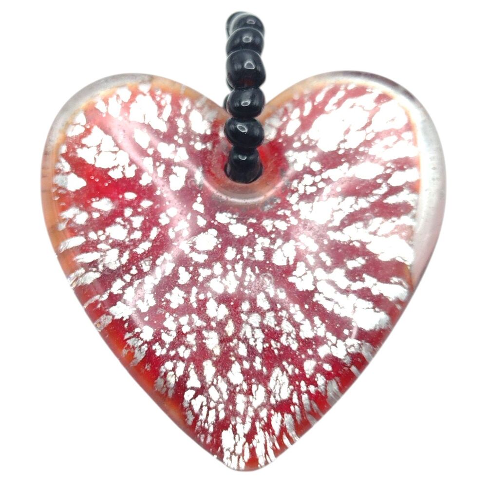 Vintage Murano Glass Heart Pendant Red Shiny Silver 2" Black Glass Bead Bail
